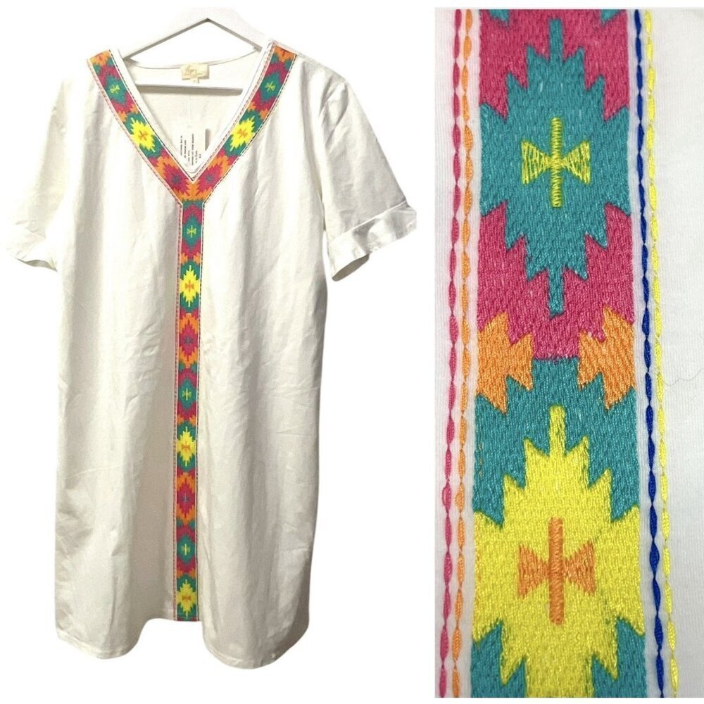 Layerz Shift Dress‎ White Colorful Embroidered Southwestern Oversized S/S Size S
